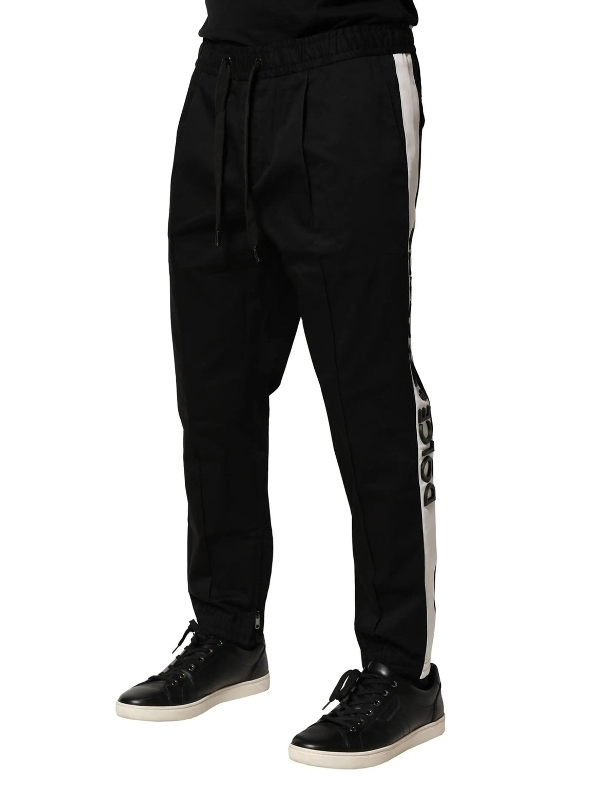 Pantalon jogger dolce & gabbana noir en coton avec bande blanche verticale et logo sur le côté