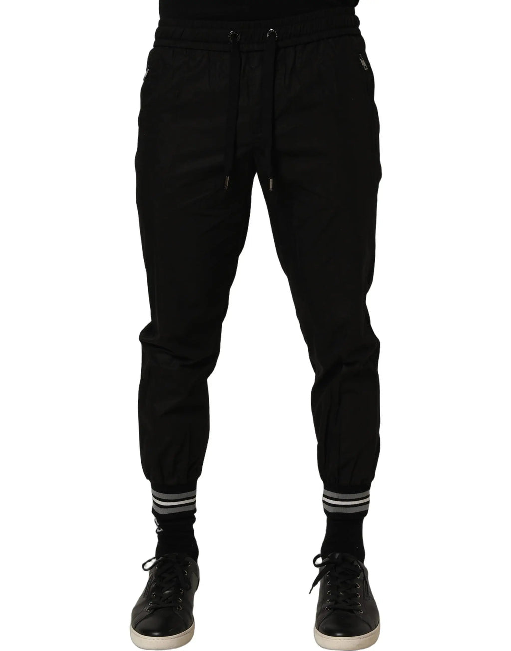 Dolce & gabbana pantalon jogger noir en coton avec poignets côtelés à bandes blanches et taille élastique à cordon