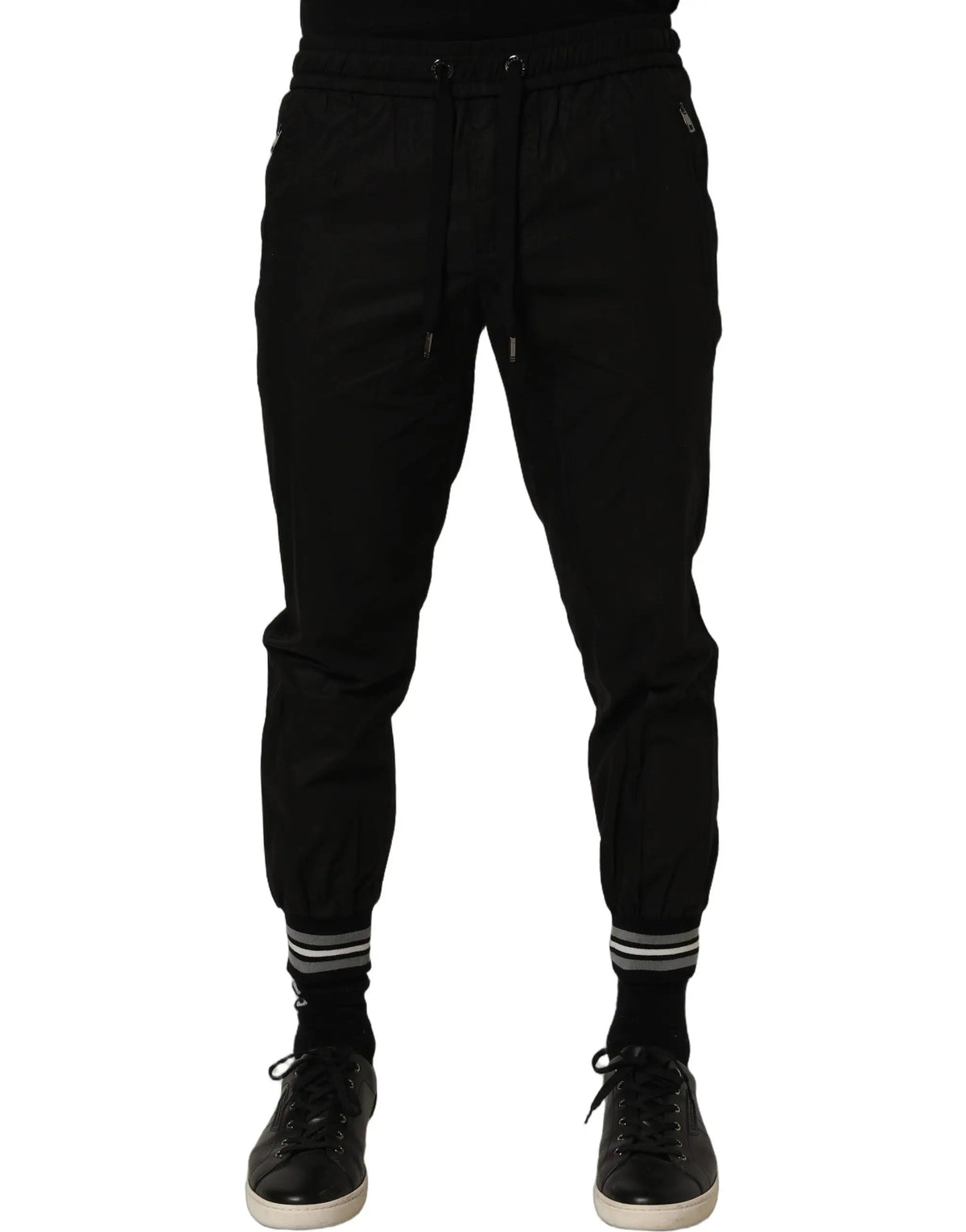 Dolce & gabbana pantalon jogger noir en coton avec poignets côtelés à bandes blanches et taille élastique à cordon