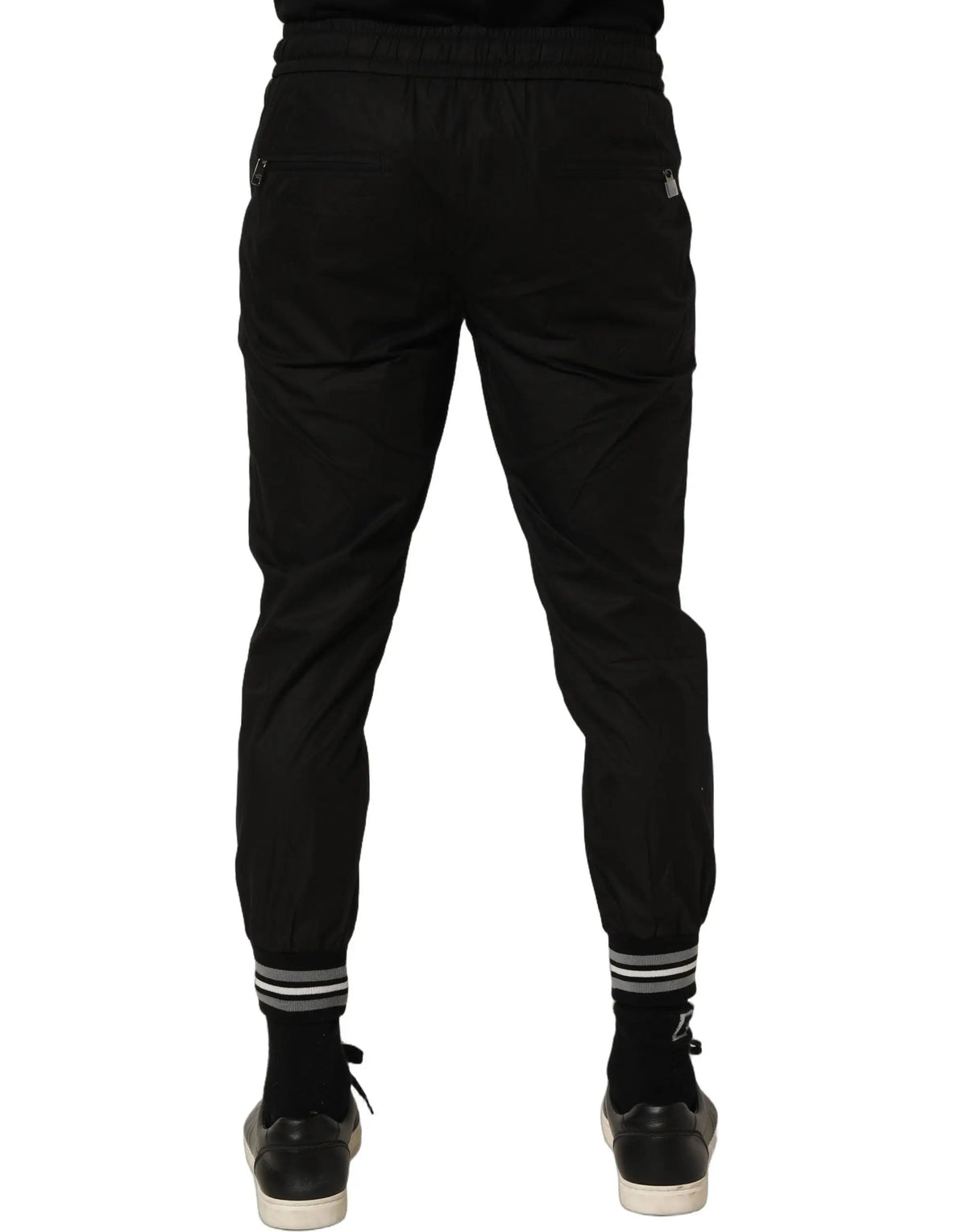 Pantalon de jogging dolce & gabbana noir en coton avec taille élastique et poignets côtelés à rayures blanches