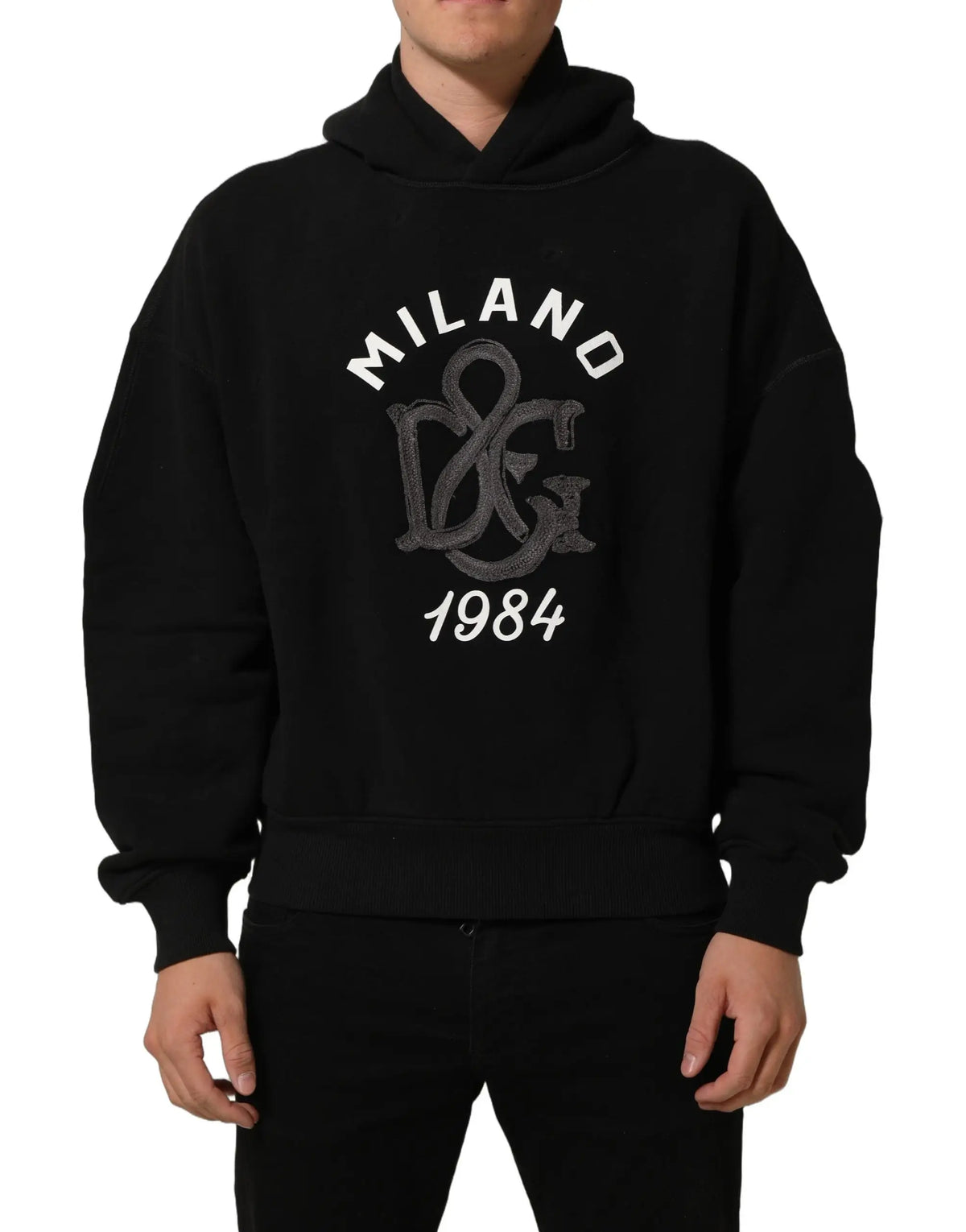 Dolce & gabbana sweat à capuche noir en coton avec logo milano brodé en blanc et gris et imprimé 1984