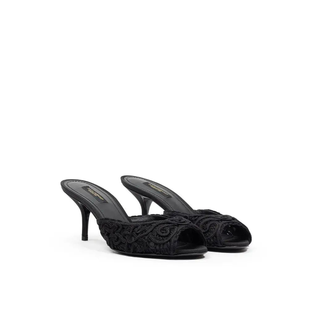 Dolce & gabbana mules en coton noir avec talon haut et design ouvert à l’orteil en dentelle noire