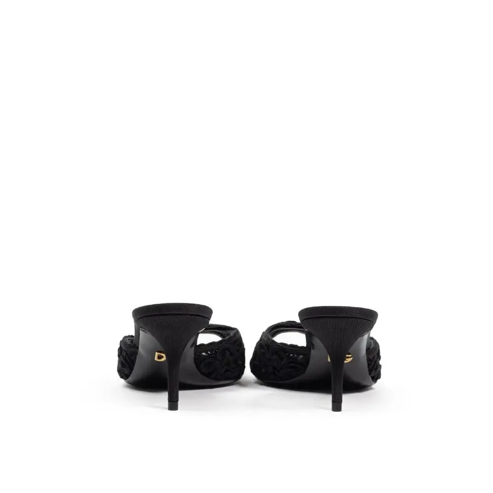 Mules noir dolce et gabbana en coton avec texture tissée et logo doré au talon vue arrière