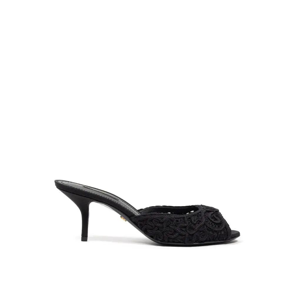 Dolce & gabbana mules noires en coton avec talon stiletto fin et dentelle florale délicate visible de dos