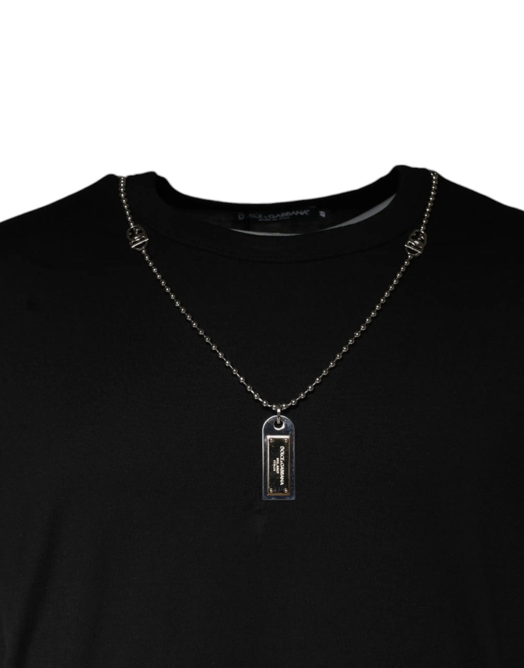 Collier dolce & gabbana noir coton avec pendentif plaque rectangulaire argent et maillons décoratifs