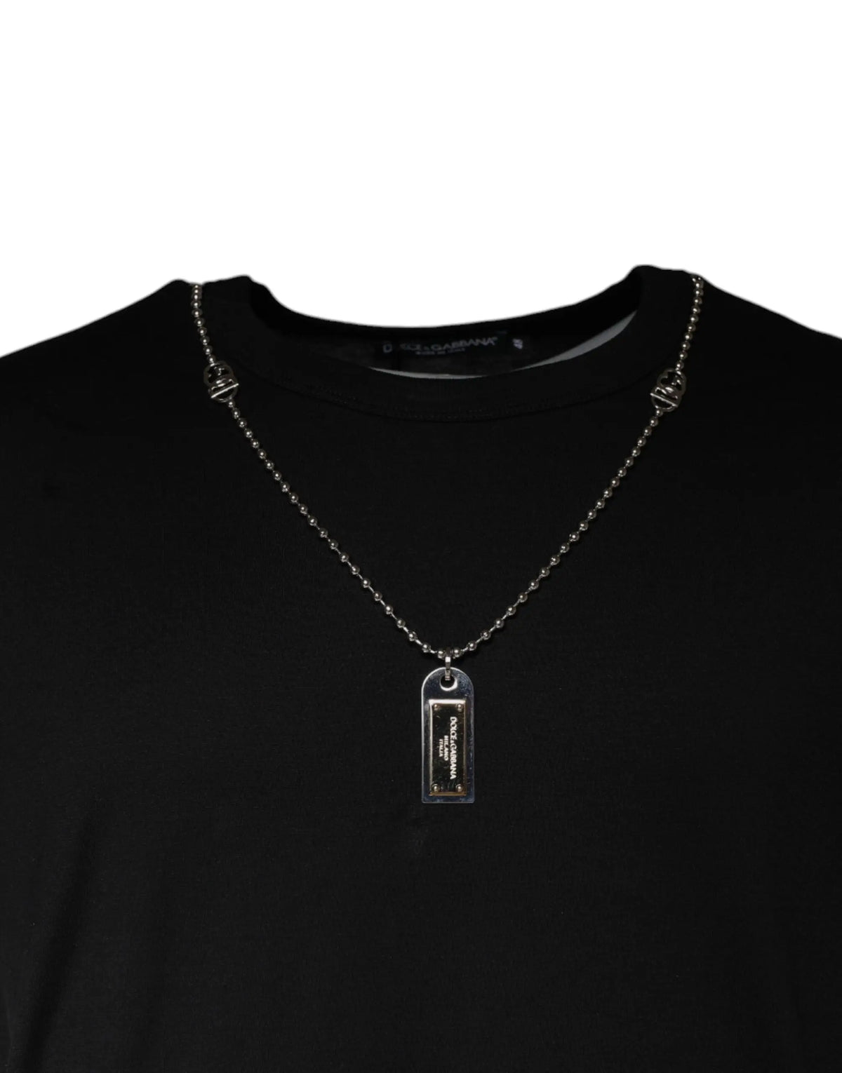 Collier dolce & gabbana noir coton avec pendentif plaque rectangulaire argent et maillons décoratifs
