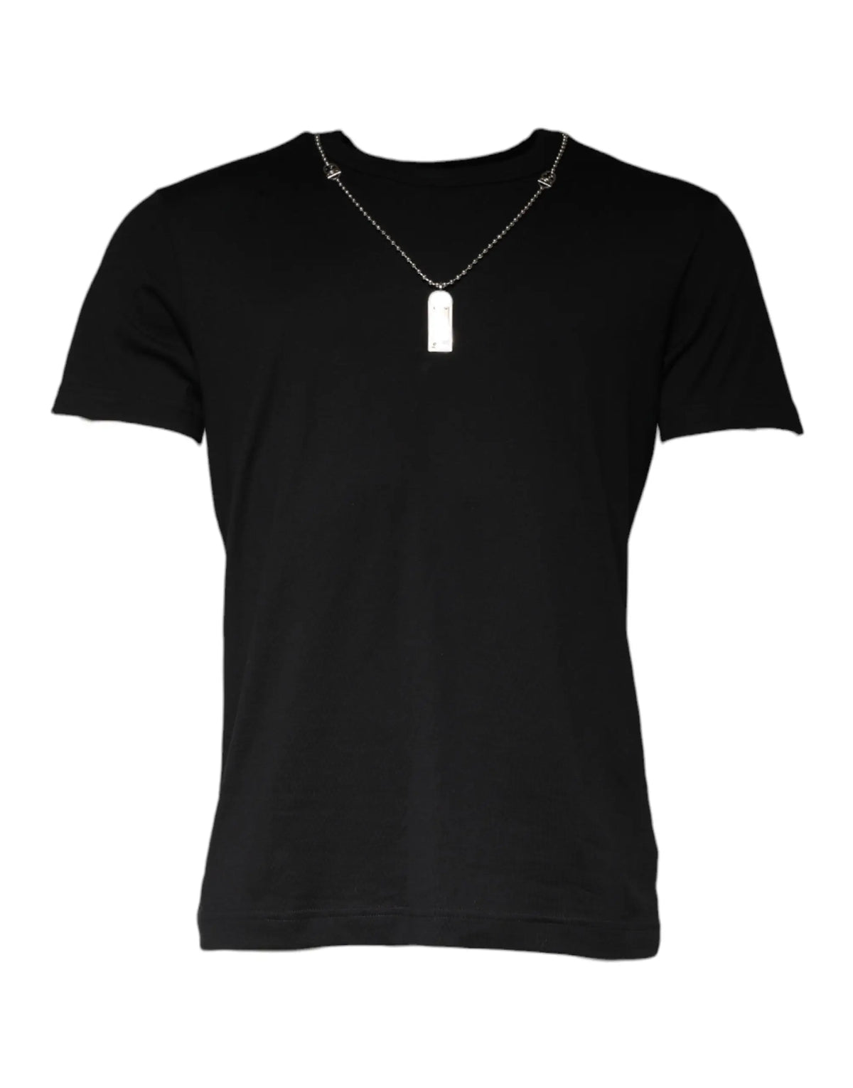 Dolce & gabbana t-shirt noir en coton avec collier dog tag argenté pour un style élégant et moderne