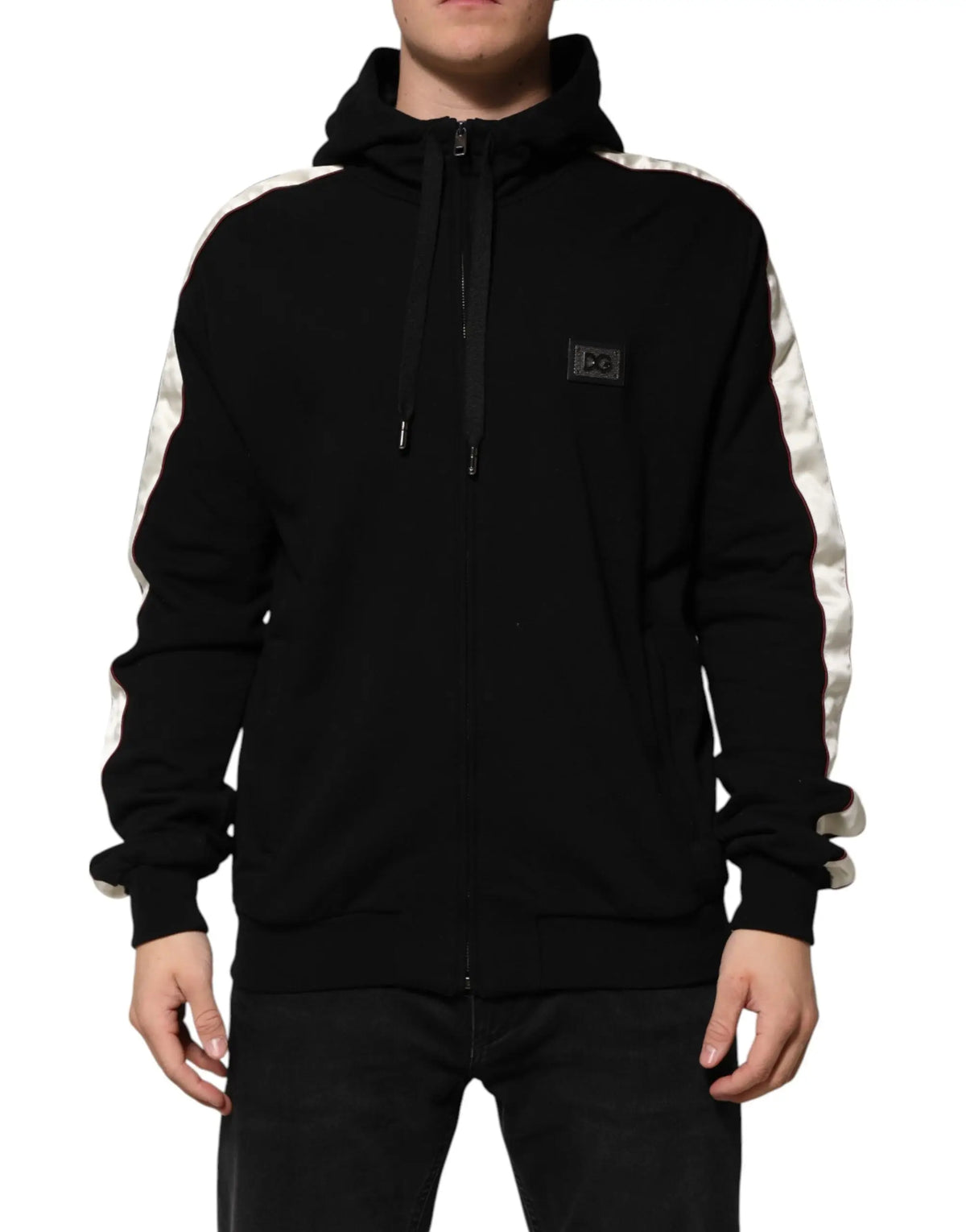 Dolce gabbana cardigan en coton noir avec fermeture éclair, manches rayées blanches et logo noir sur la poitrine