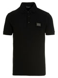Polo noir dolce & gabbana en coton avec tissu texturé et patch rectangulaire gris foncé sur la poitrine