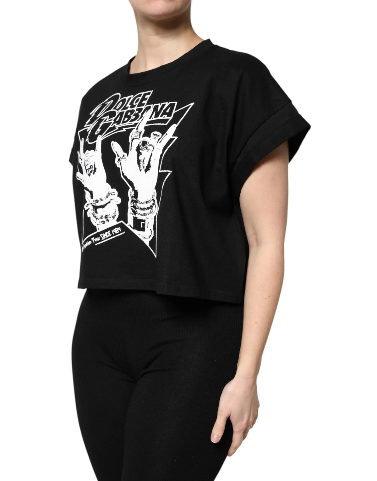 T-shirt noir dolce & gabbana en coton imprimé avec manches courtes et graphique blanc de mains rock-on