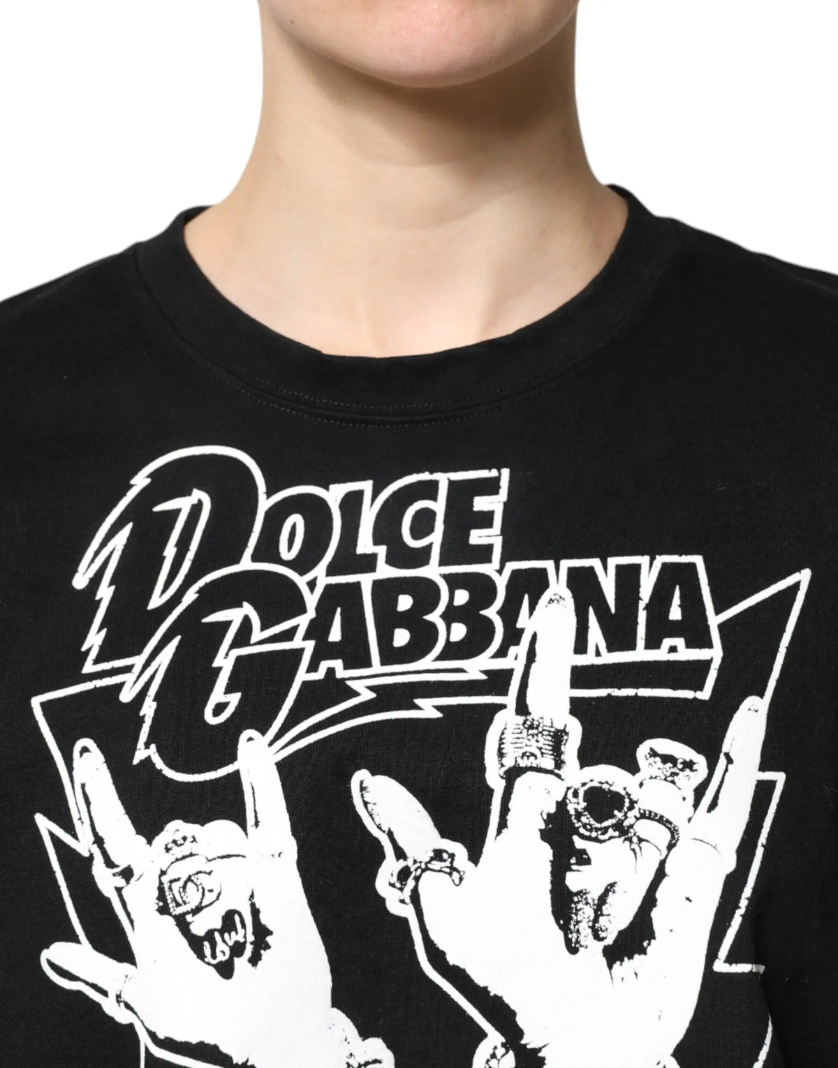 T-shirt dolce & gabbana noir en coton à manches courtes avec imprimé blanc de mains faisant le geste rock-on