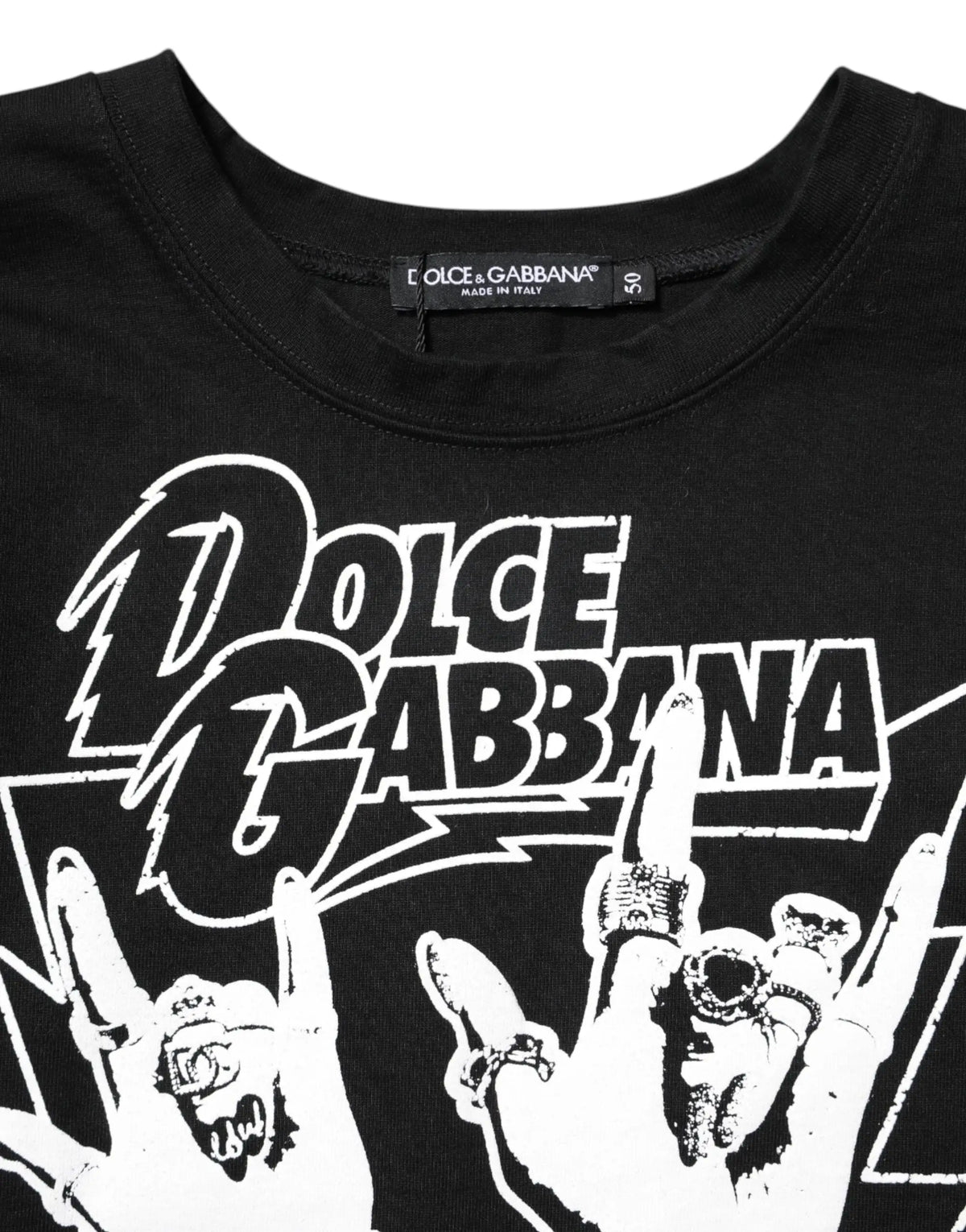 T-shirt noir dolce & gabbana en coton avec manches courtes et motif blanc de mains stylisées en geste rock