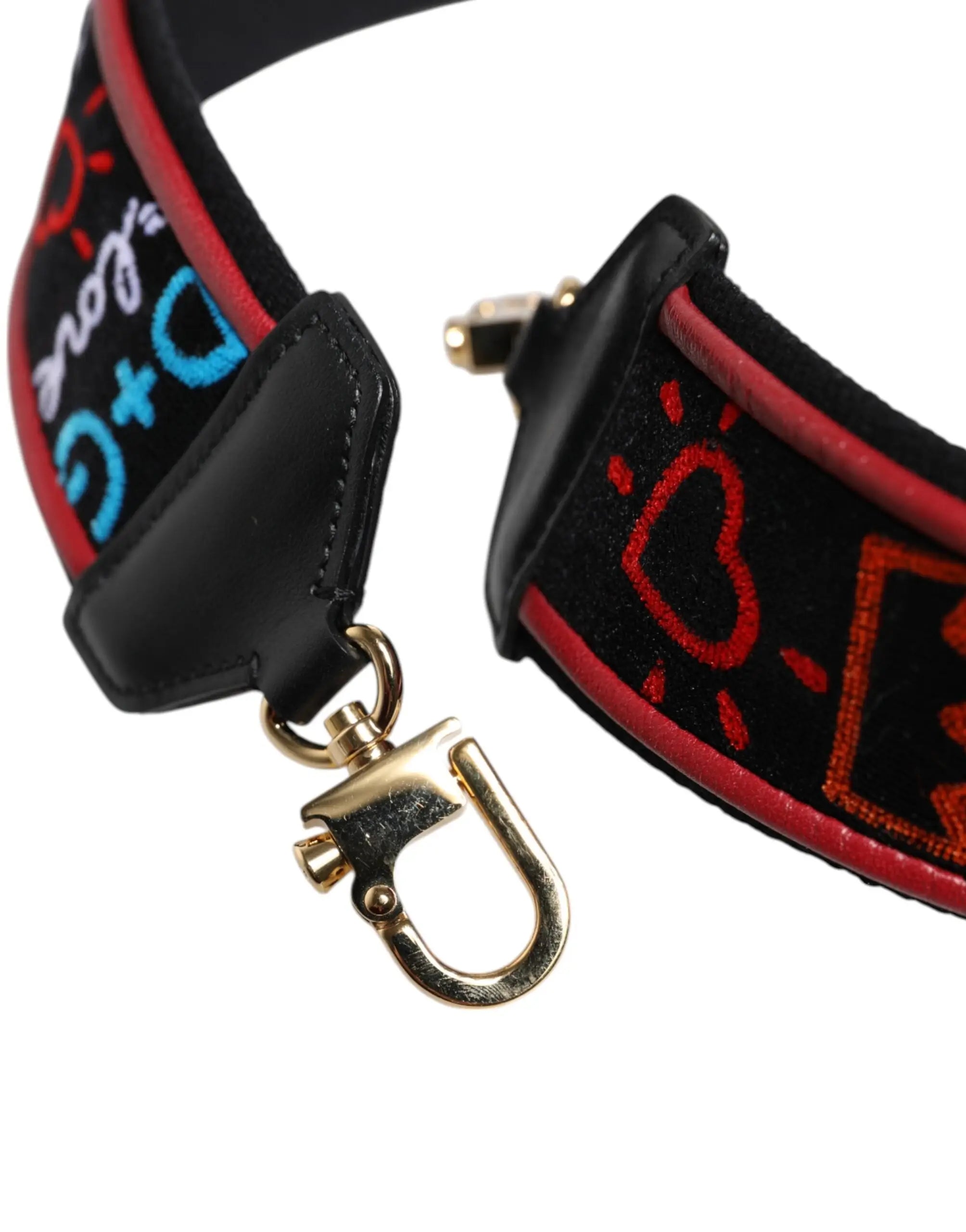 Sangle noire en velours dolce gabbana avec broderies rouges et bleues et fermoir métal doré pour sac femme
