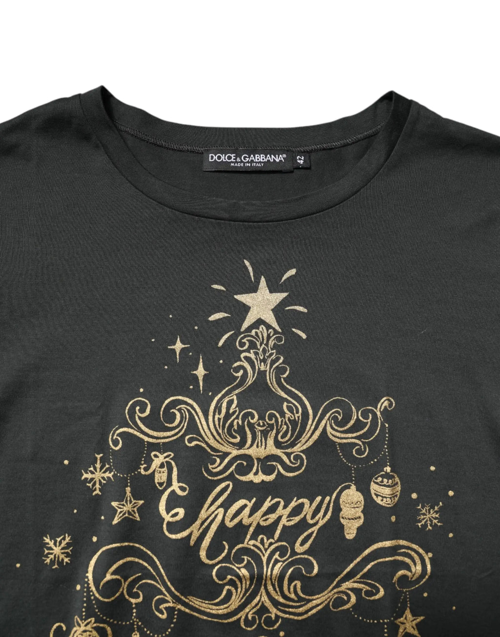Dolce & gabbana black cotton round neck t-shirt featuring an ornate gold christmas tree design with stars and happy script