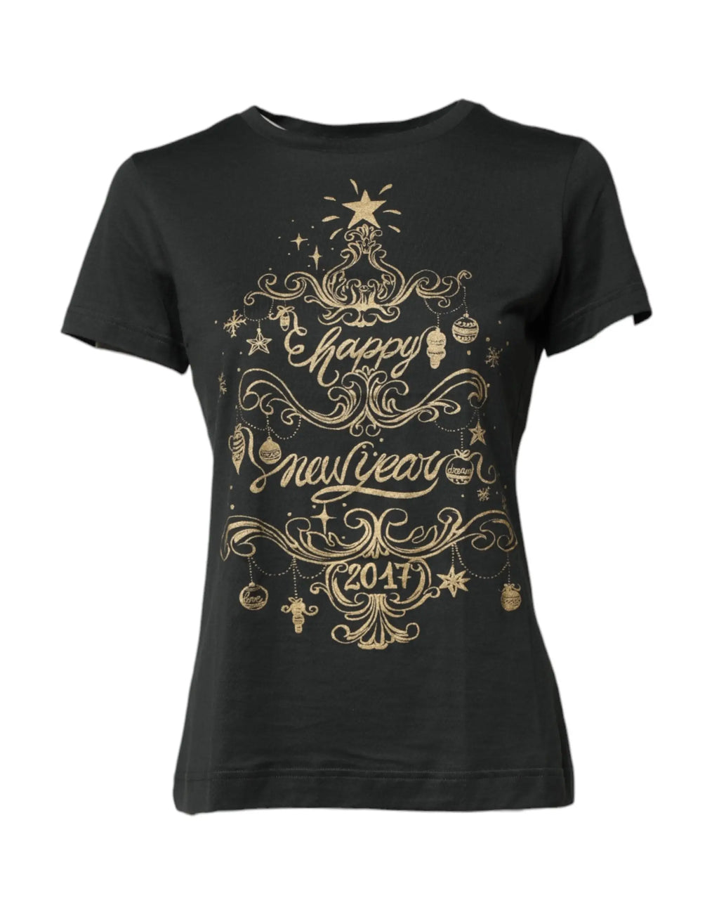T-shirt noir dolce & gabbana en coton avec imprimé festif doré d’ornements de noël et éléments décoratifs swirling