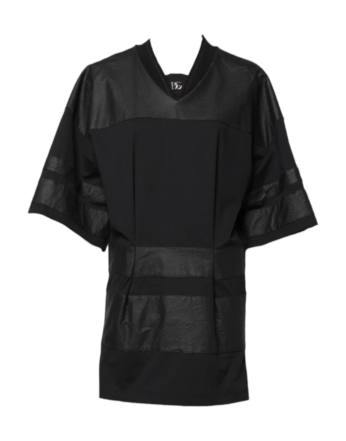 Dolce & Gabbana t-shirt noir en coton manches courtes avec col v et panneaux transparents en mesh aux manches