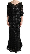 Robe longue noire Dolce & Gabbana en coton et soie avec dentelle élégante, manches trois-quarts et décolleté en v