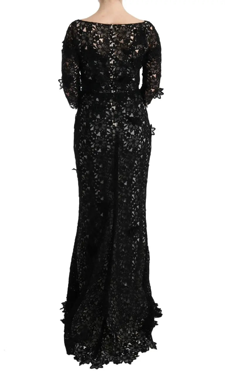 Robe longue noire en coton et soie avec dentelle noire, silhouette sirène et manches épaules dénudées, dolce & gabbana