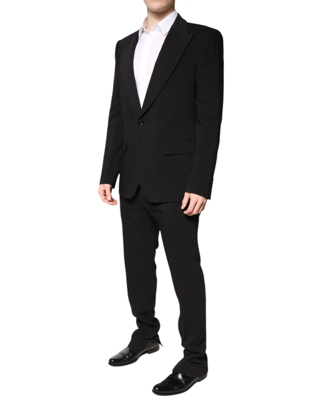 Costume deux pièces dolce & gabbana noir en coton avec veste single breasted et pantalon assorti porté sur chemise blanche