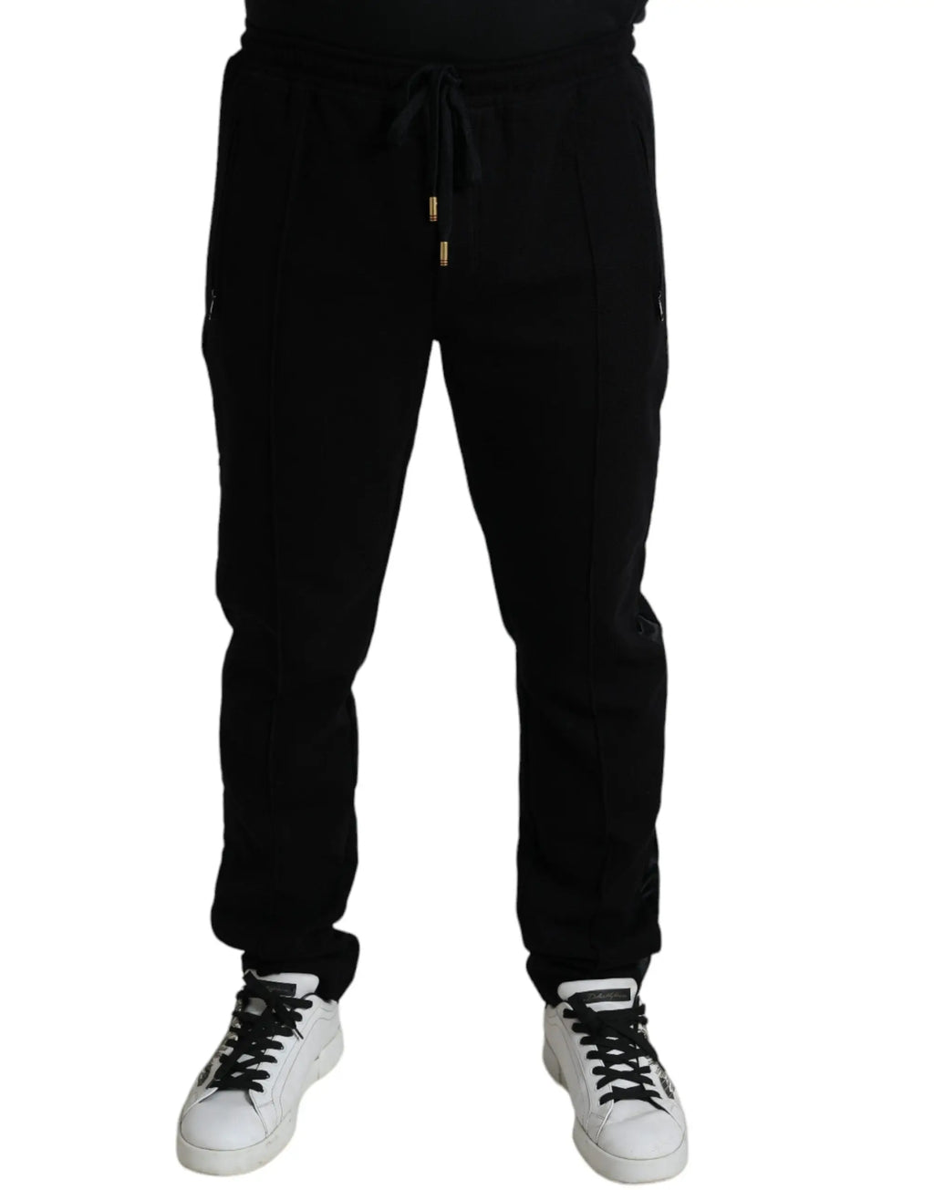 Dolce & gabbana pantalon jogger skinny en coton noir avec cordon de serrage or et poches latérales