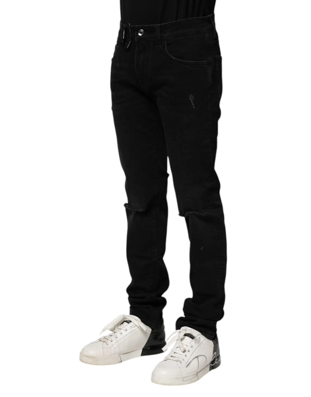 Dolce & Gabbana jean slim noir en coton pour homme avec genoux déchirés style denim délavé