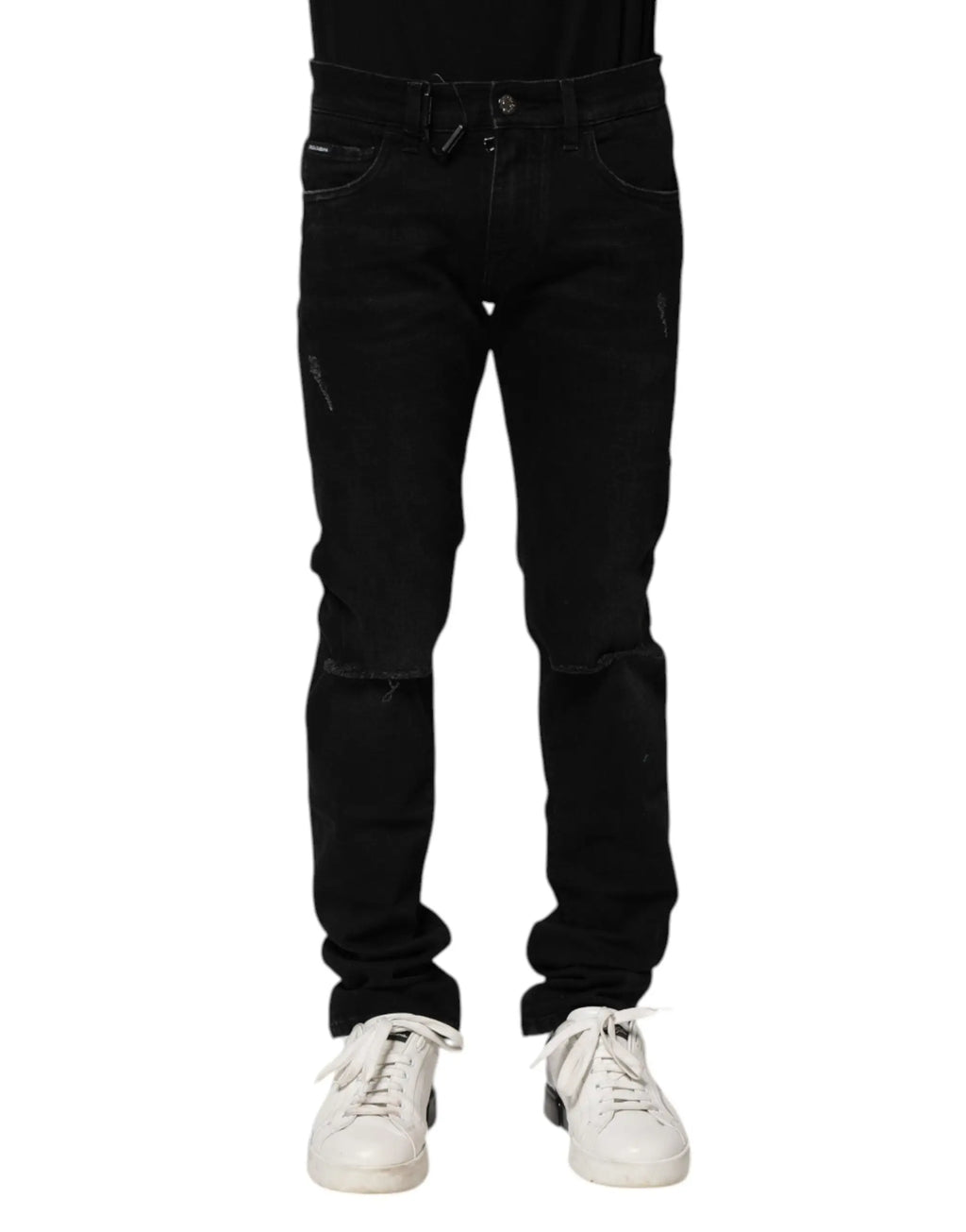 Dolce & Gabbana jean slim noir délavé en coton pour homme avec genoux déchirés