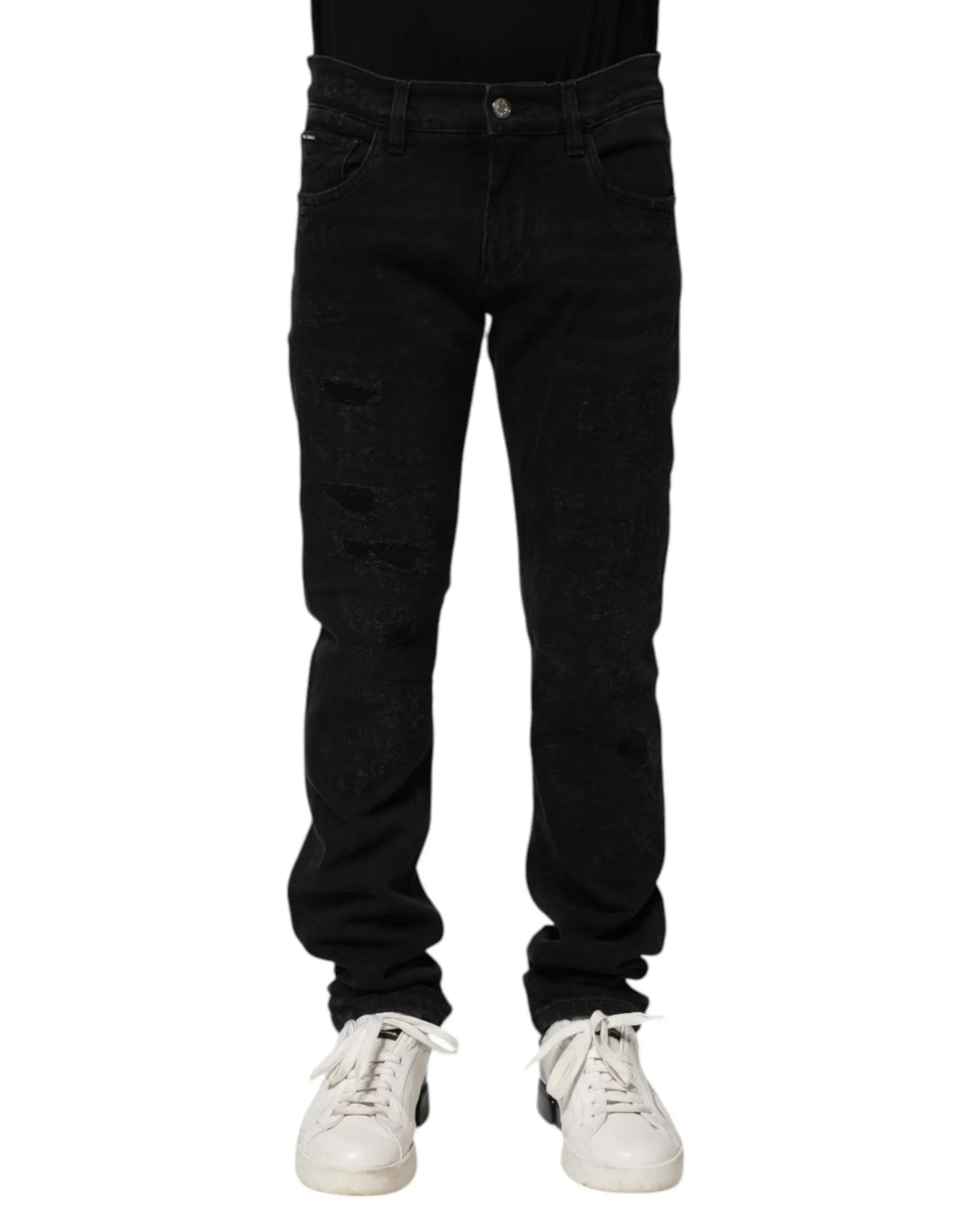 Dolce & Gabbana jean slim noir en coton avec effet délavé subtil et aspect déchiré pour homme