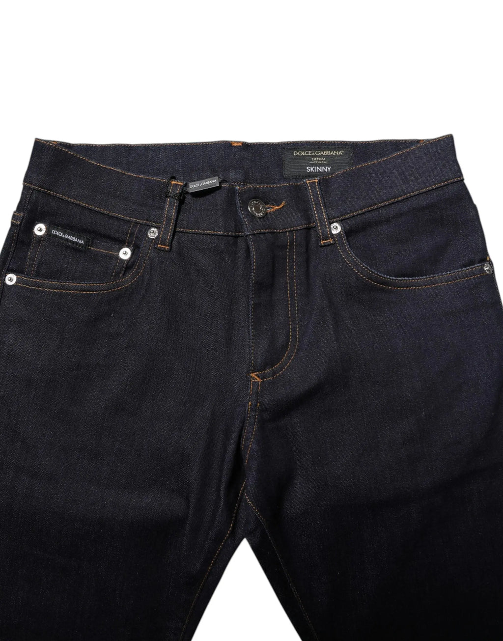 Dolce & Gabbana jean slim pour homme en denim coton noir indigo foncé avec ferrures argentées et étiquette de marque