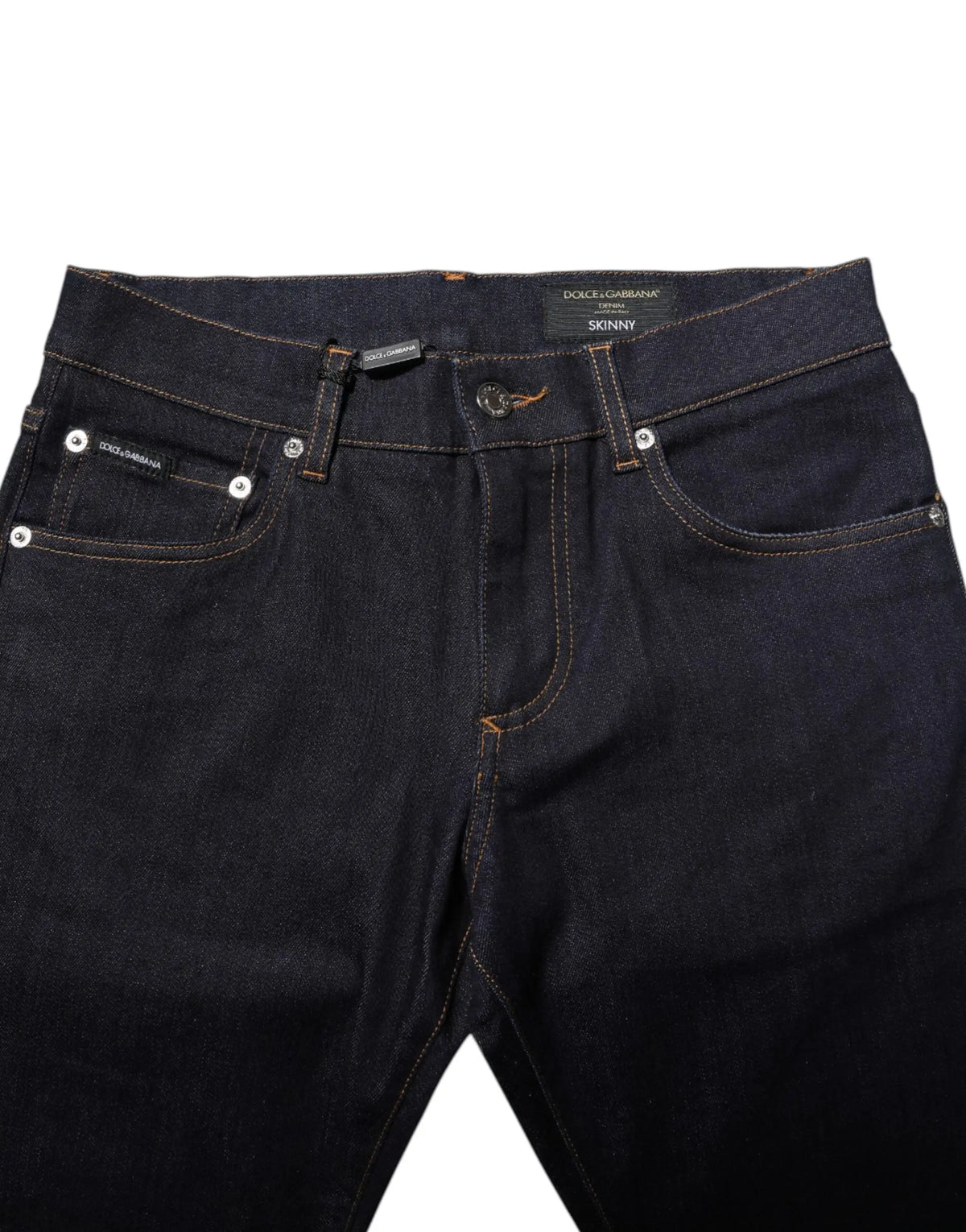 Dolce & Gabbana jean slim pour homme en denim coton noir indigo foncé avec ferrures argentées et étiquette de marque