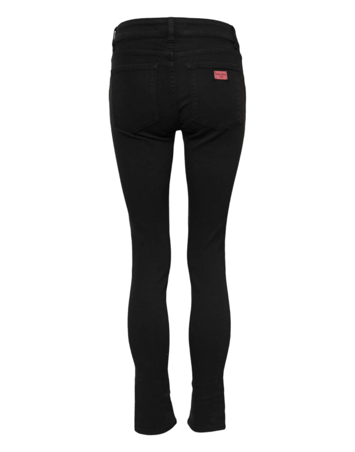 Jeans denim noirs dolce & gabbana en coton skinny taille mi haute vue arrière avec patch rouge subtil sur la poche droite