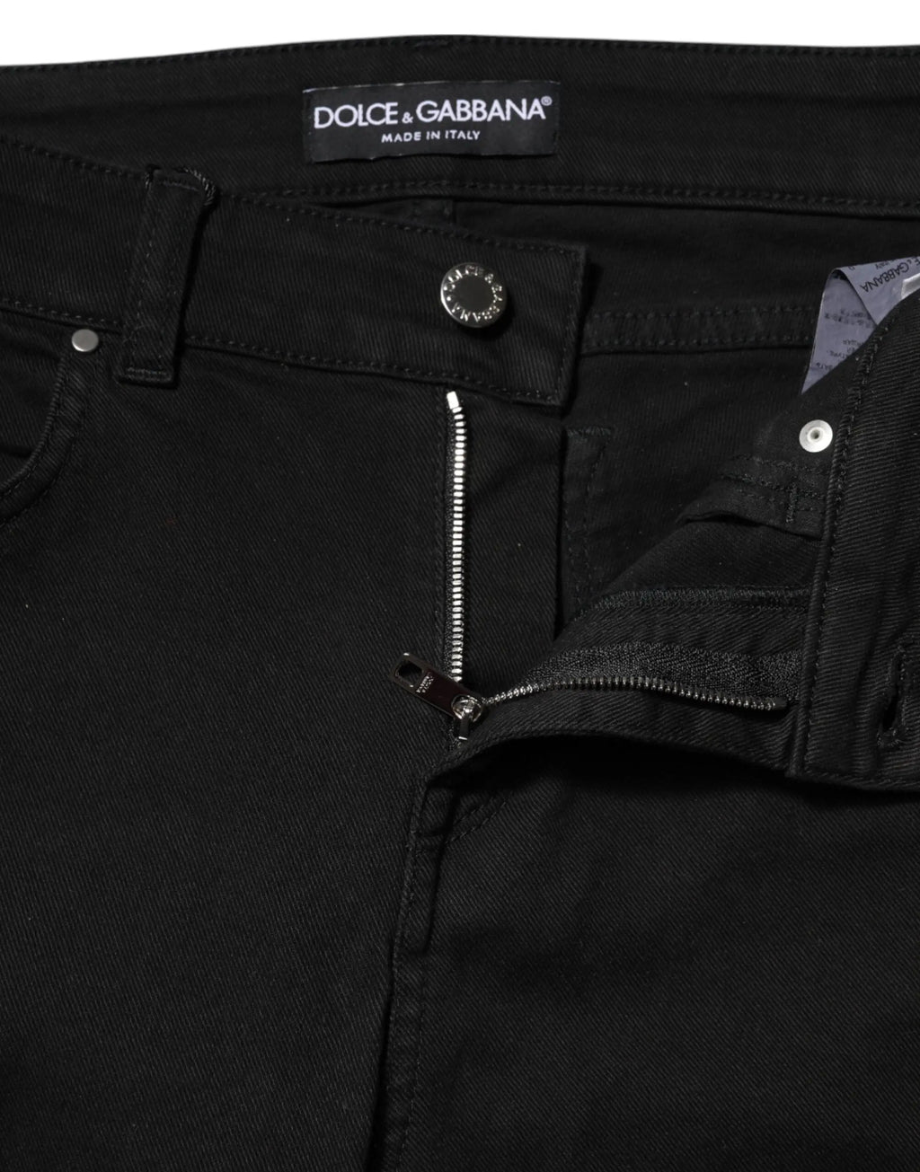 Jeans en denim noir dolce & gabbana skinny taille mid en coton avec fermeture éclair et bouton argentés