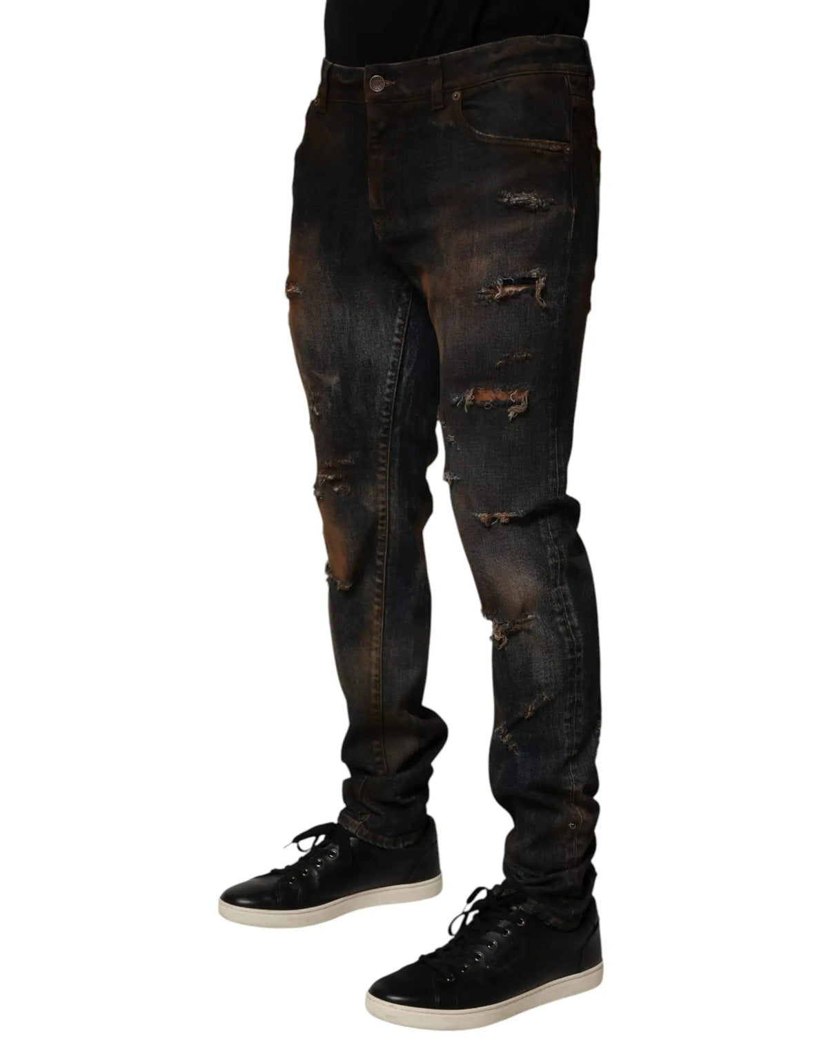 Jean slim homme dolce gabbana noir en coton avec déchirures et zones délavées effet usé