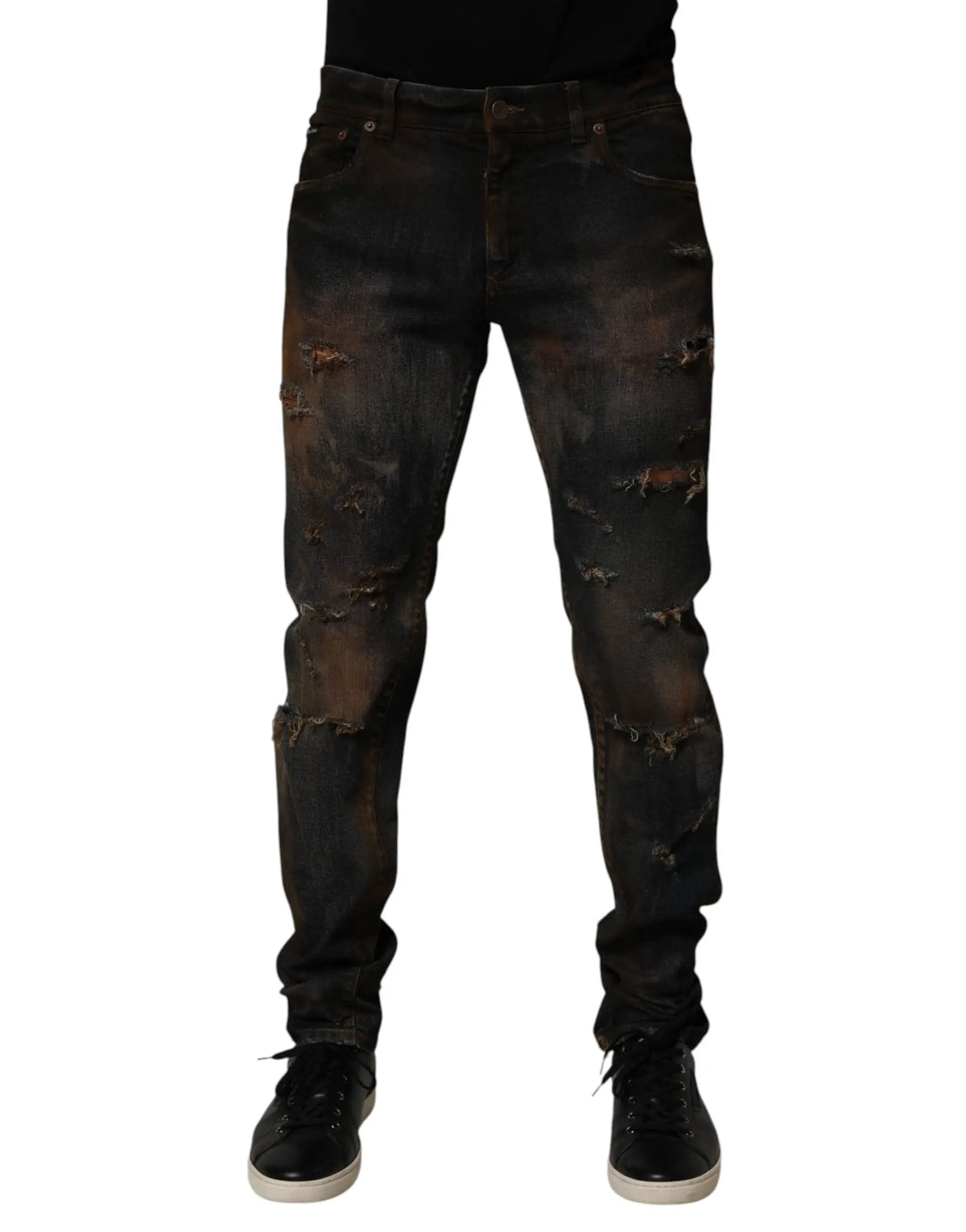 Dolce & gabbana jean slim déchiré noir en coton pour homme avec rips et patchs délavés