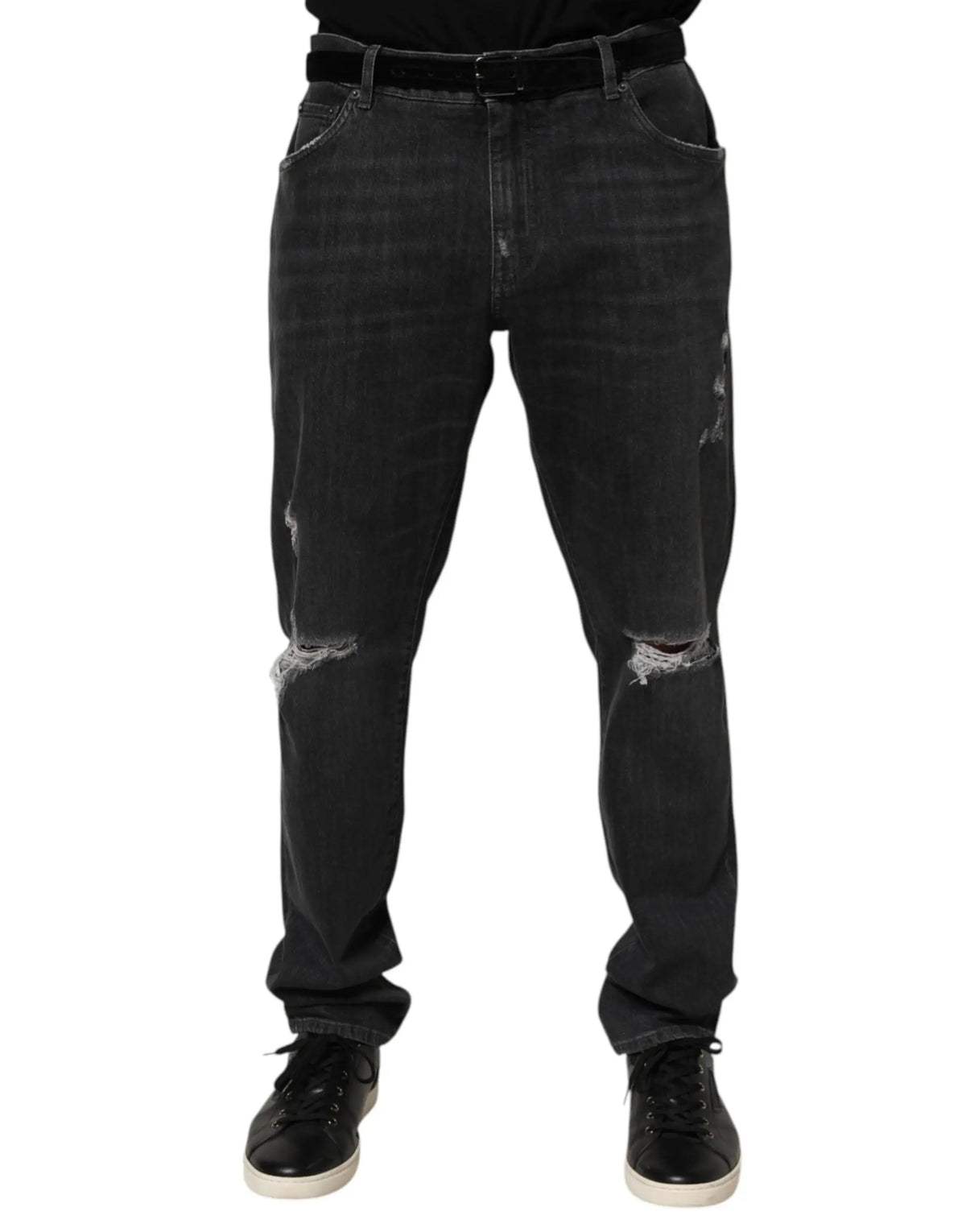Jean noir en coton dolce & gabbana slim fit avec déchirures aux genoux et coupe droite