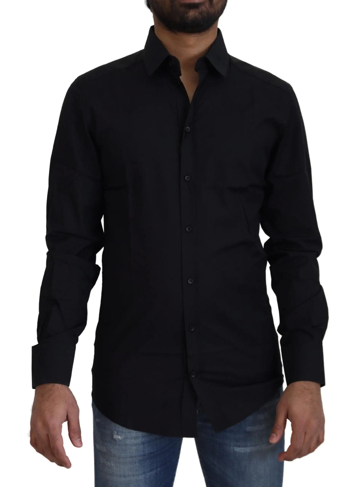Chemise noire en coton dolce & gabbana slim fit à manches longues avec col classique et poignets cousus soigneusement