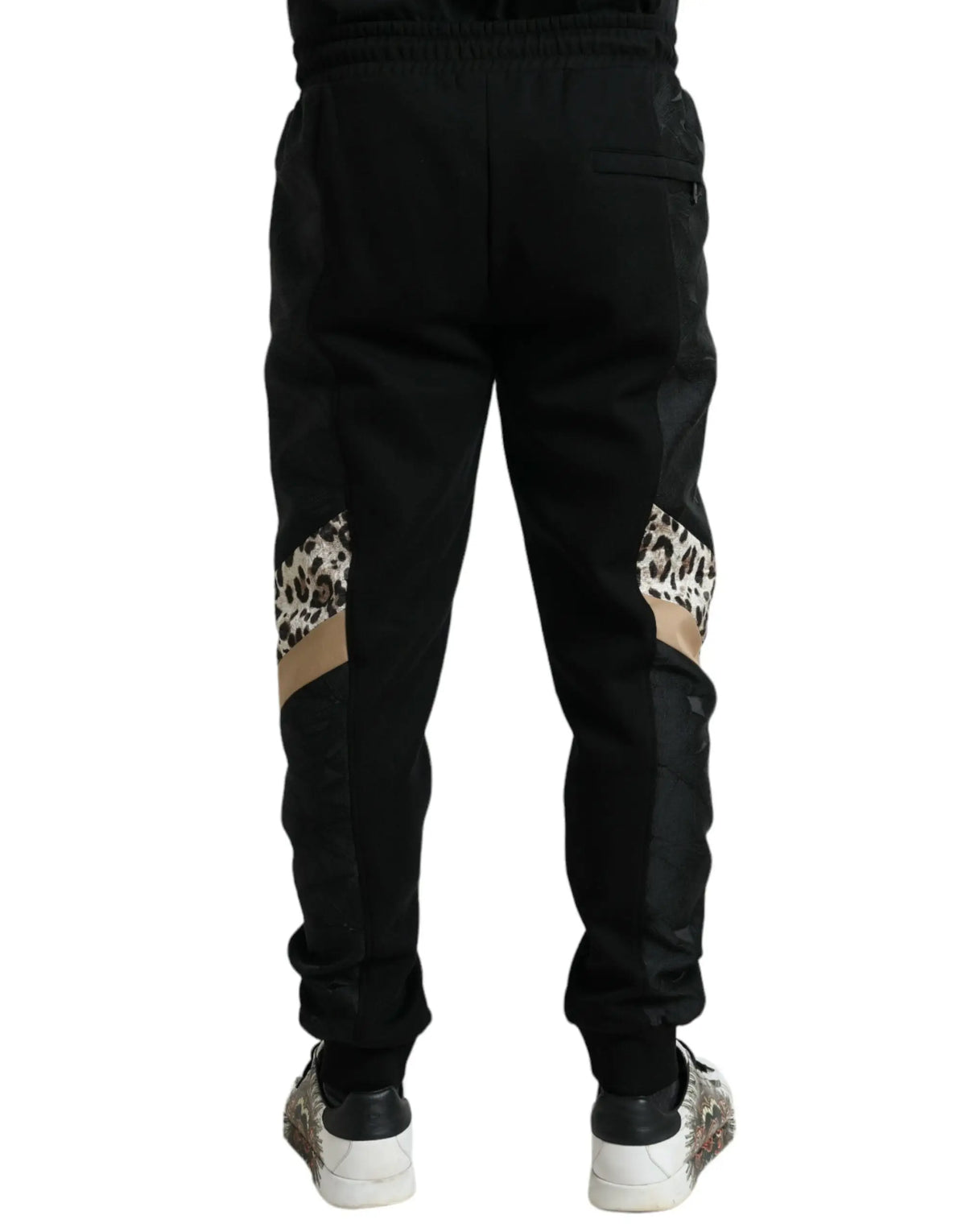 Dolce & gabbana pantalon jogger slim en coton noir avec imprimé léopard et panneaux camel sur les cuisses