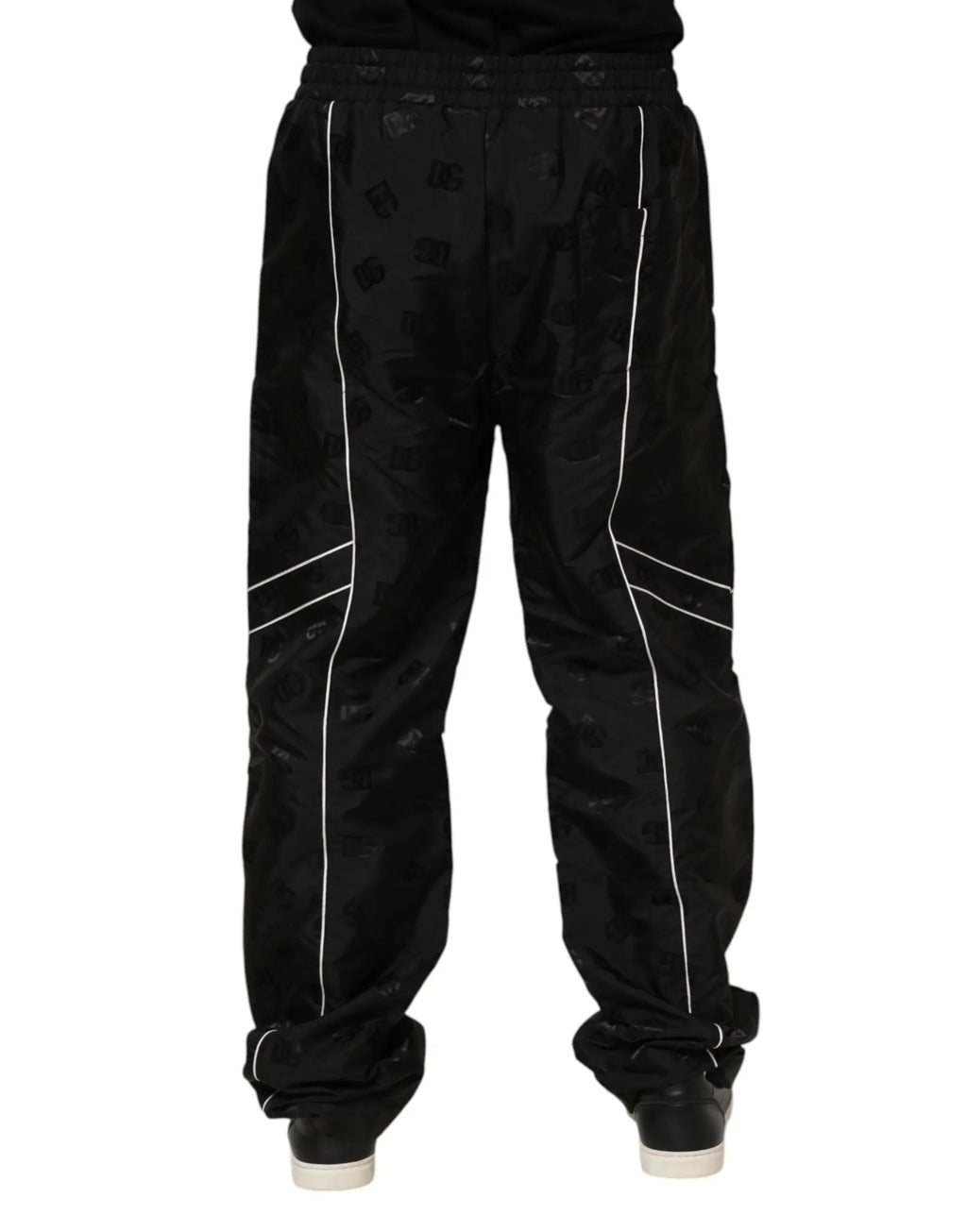 Pantalon jogging droit en coton noir dolce & gabbana avec piping blanc et motif subtil répétitif sur les côtés