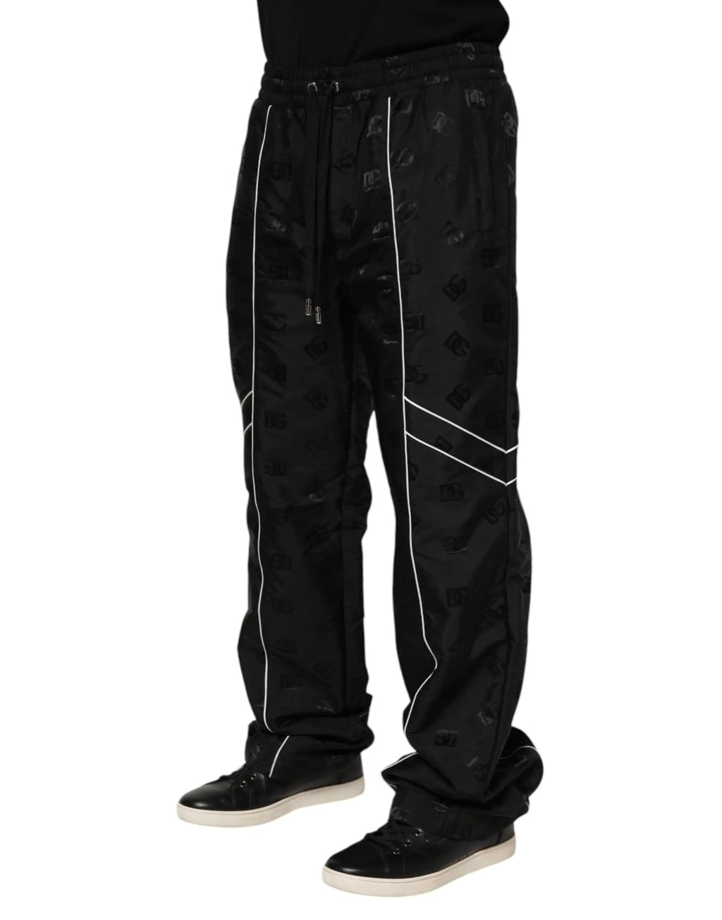 Pantalon de jogging droit noir en coton dolce gabbana avec motif discret et bandes blanches diagonales contrastantes