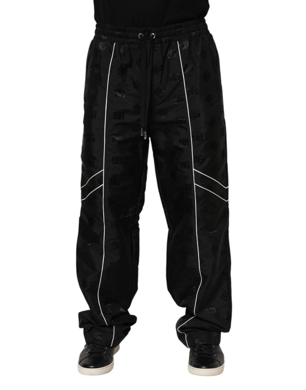 Dolce & gabbana pantalon jogger droit en coton noir avec piping blanc et motif subtil en satin noir