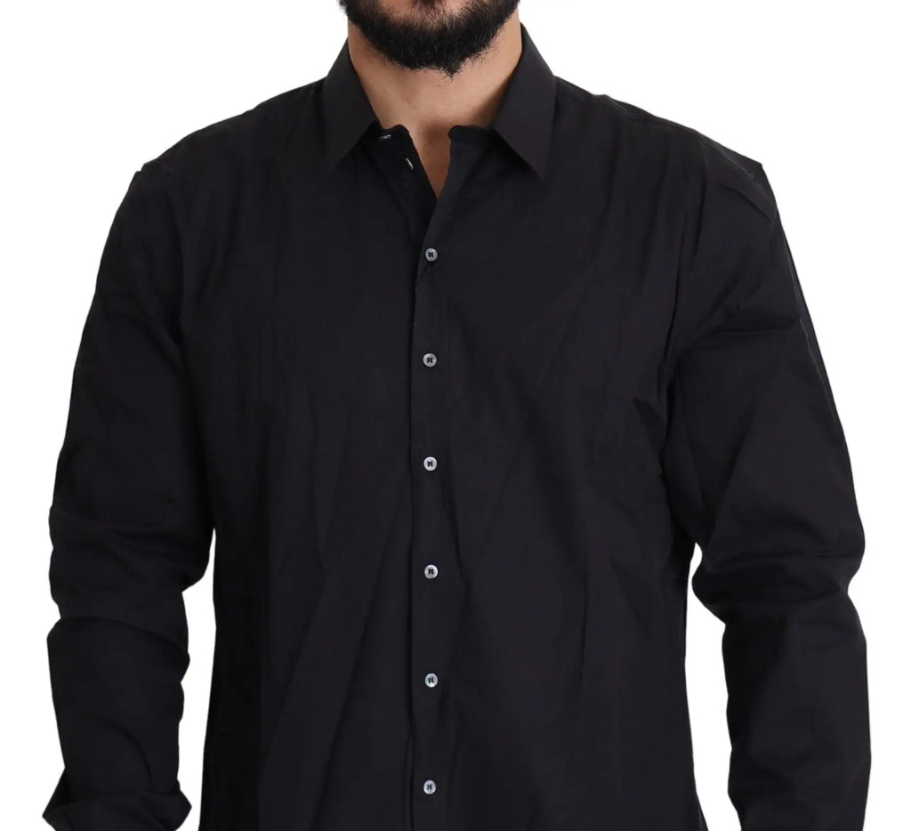 Chemise noire dolce gabbana sicilia en coton stretch avec col classique et boutons argentés manches longues