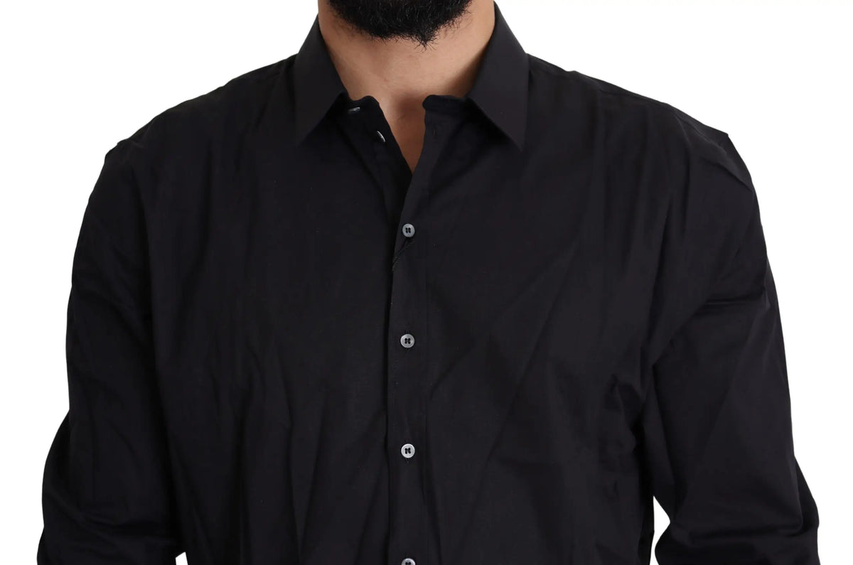 Dolce & gabbana chemise sicilia noire en coton stretch à manches longues avec boutons argentés