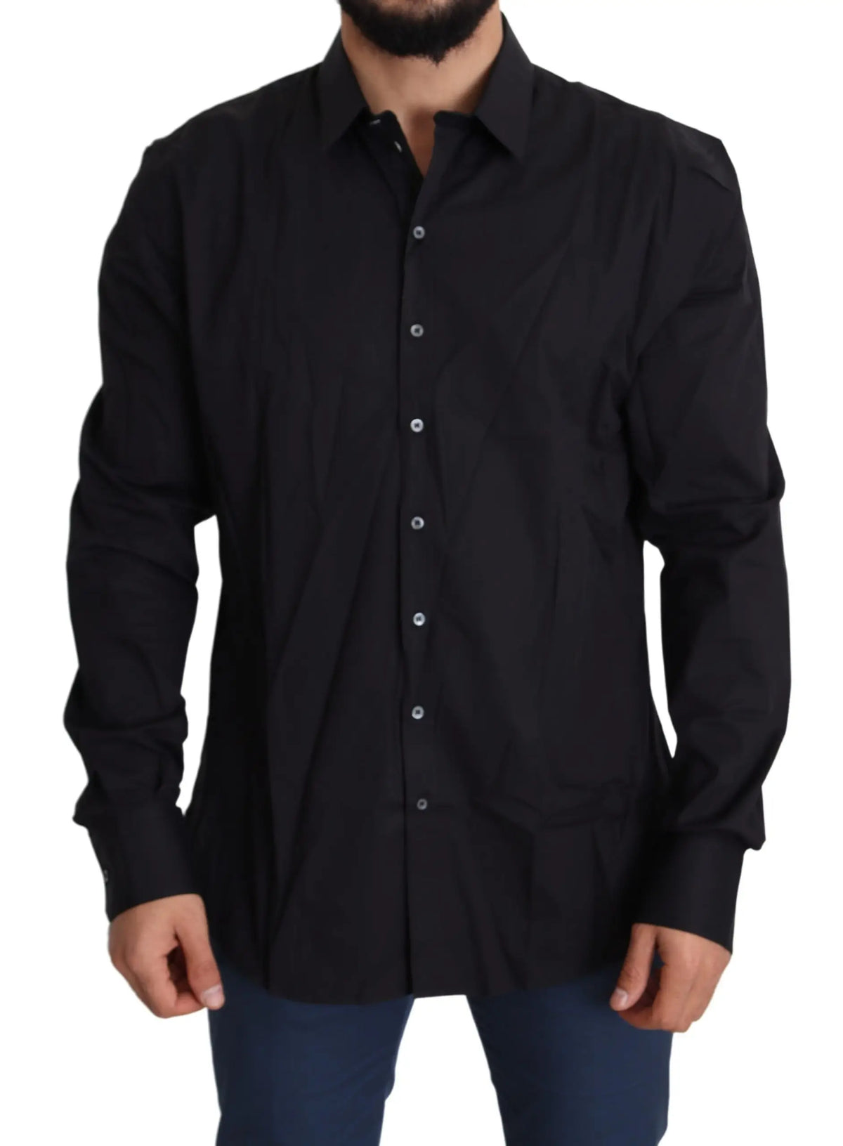 Chemise sicilia dolce & gabbana noire en coton stretch manches longues avec boutons argentés