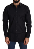 Chemise habillée noire pour homme dolce gabbana en coton stretch à manches longues avec col classique et boutons argentés