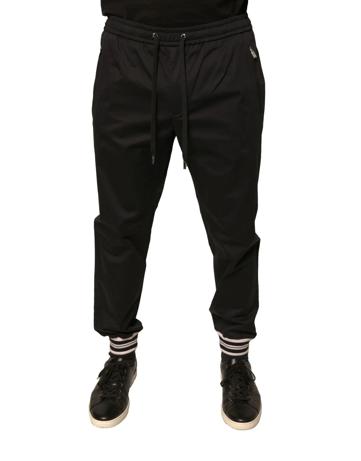 Dolce & gabbana pantalon jogging noir en coton stretch avec poignets elastiques et bandes rayees aux chevilles