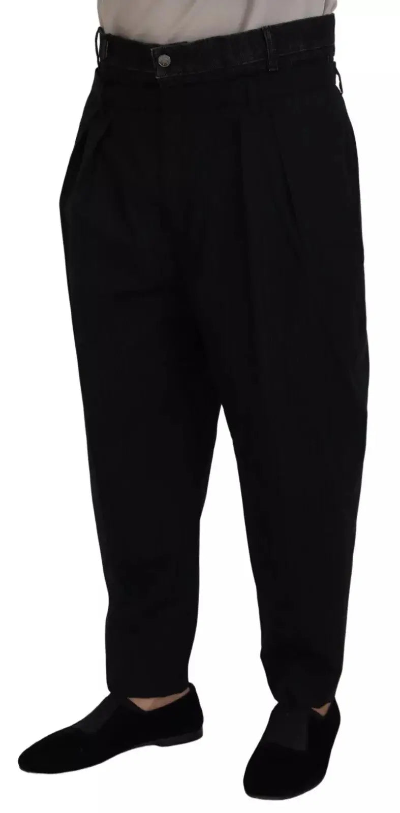 Pantalon dolce & gabbana noir en denim stretch coton avec coupe ample et plis devant avec ceinture à la taille