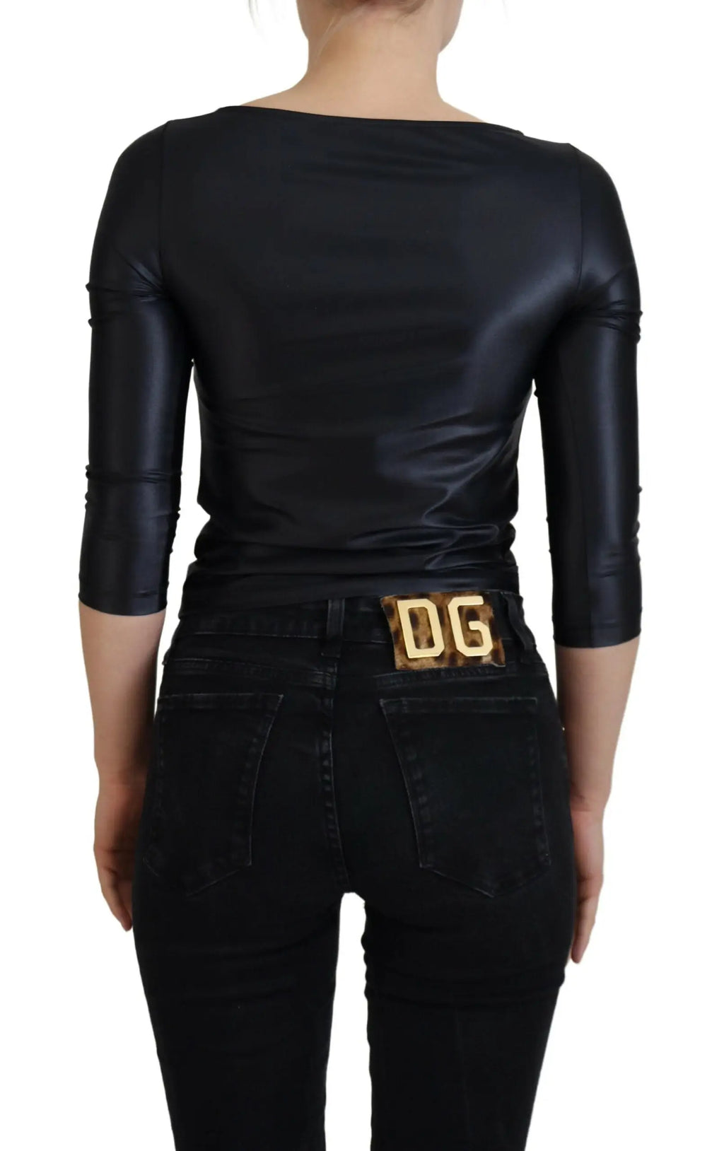 Dolce & Gabbana top en coton noir stretch avec manches trois quarts et ceinture avec boucle logo dg dorée