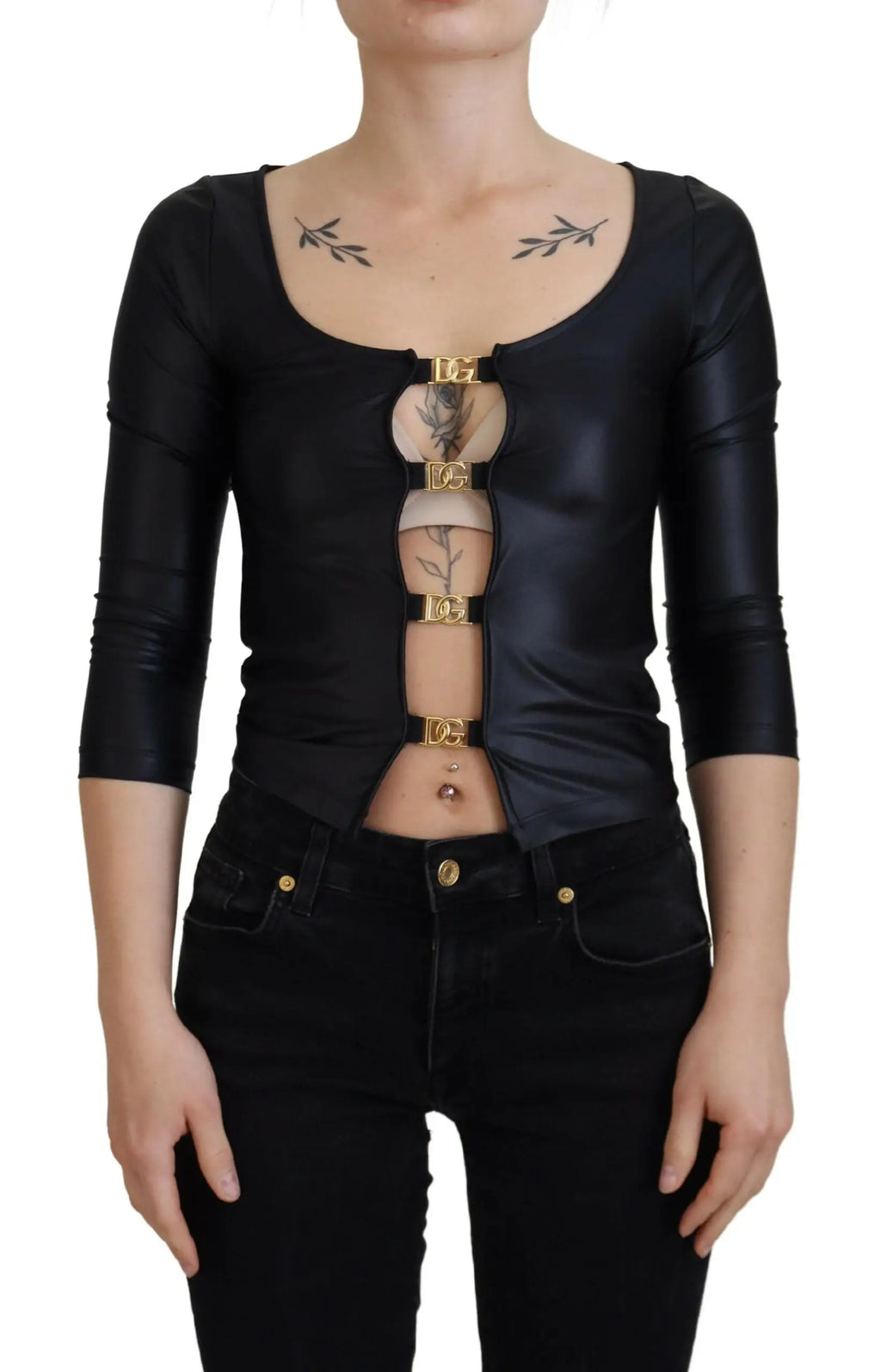 Dolce & gabbana top noir en coton extensible avec manches trois quarts et fermeture avant en métal doré