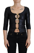 Dolce & gabbana top noir en coton extensible avec manches trois quarts et fermeture avant en métal doré