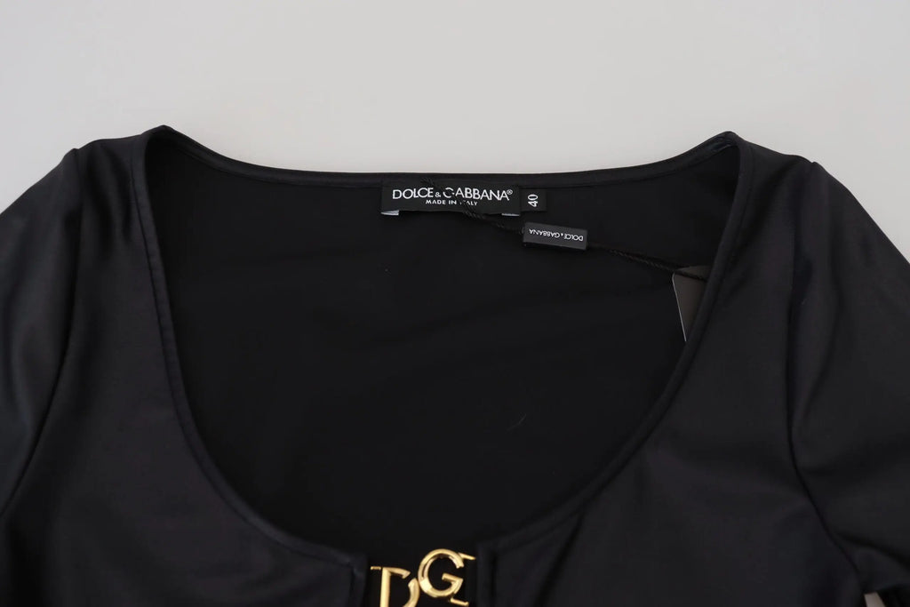 Top noir dolce & gabbana en coton stretch avec manches trois quarts et logo dg doré au niveau du col ouvert