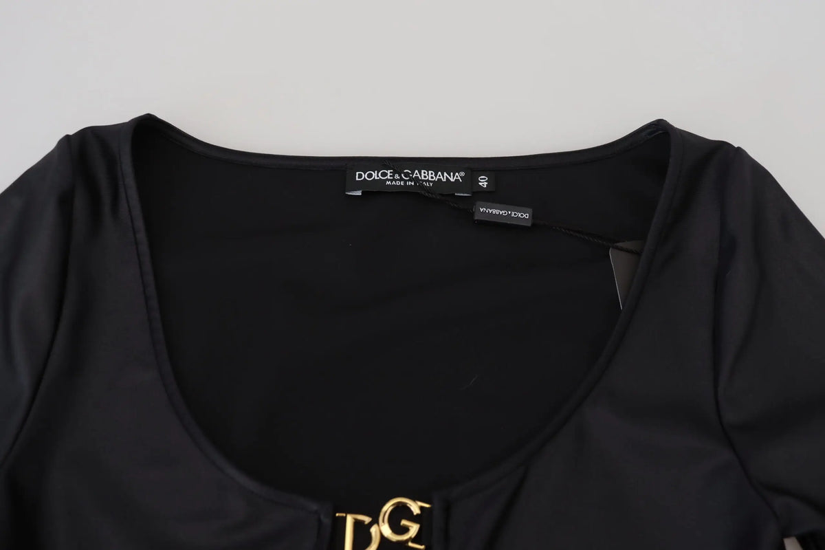 Top noir dolce & gabbana en coton stretch avec manches trois quarts et logo dg doré au niveau du col ouvert